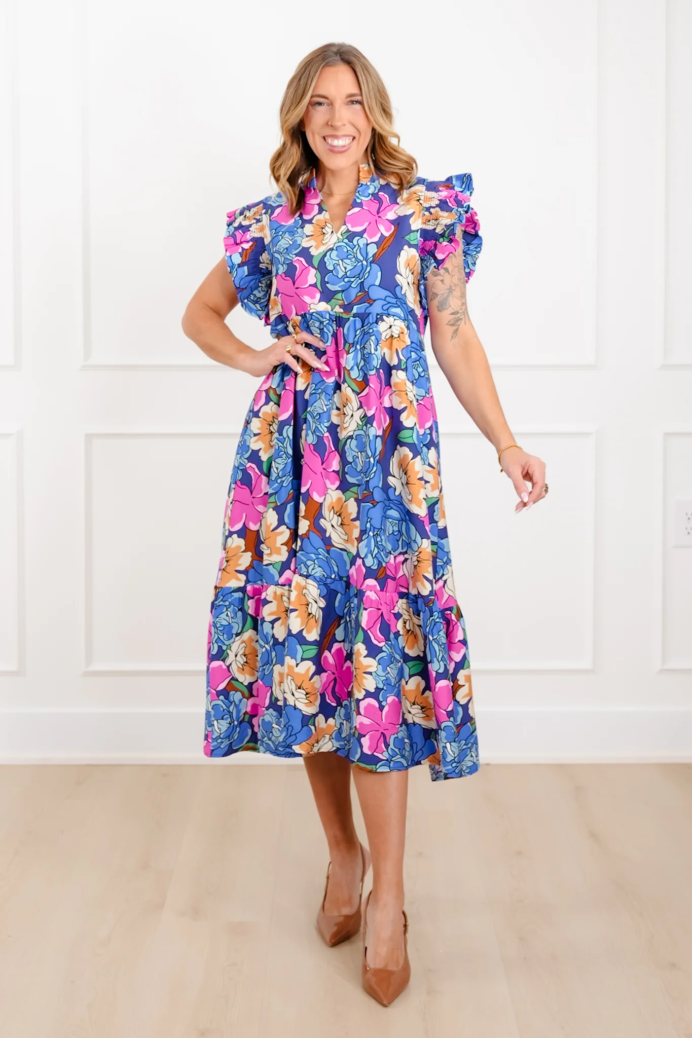 Floral Print Ruffle Sleeve V Neck Midi Dress - Image 3