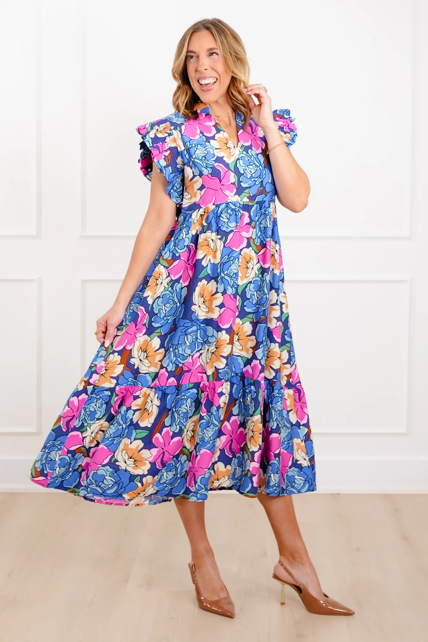 Floral Print Ruffle Sleeve V Neck Midi Dress - Image 4