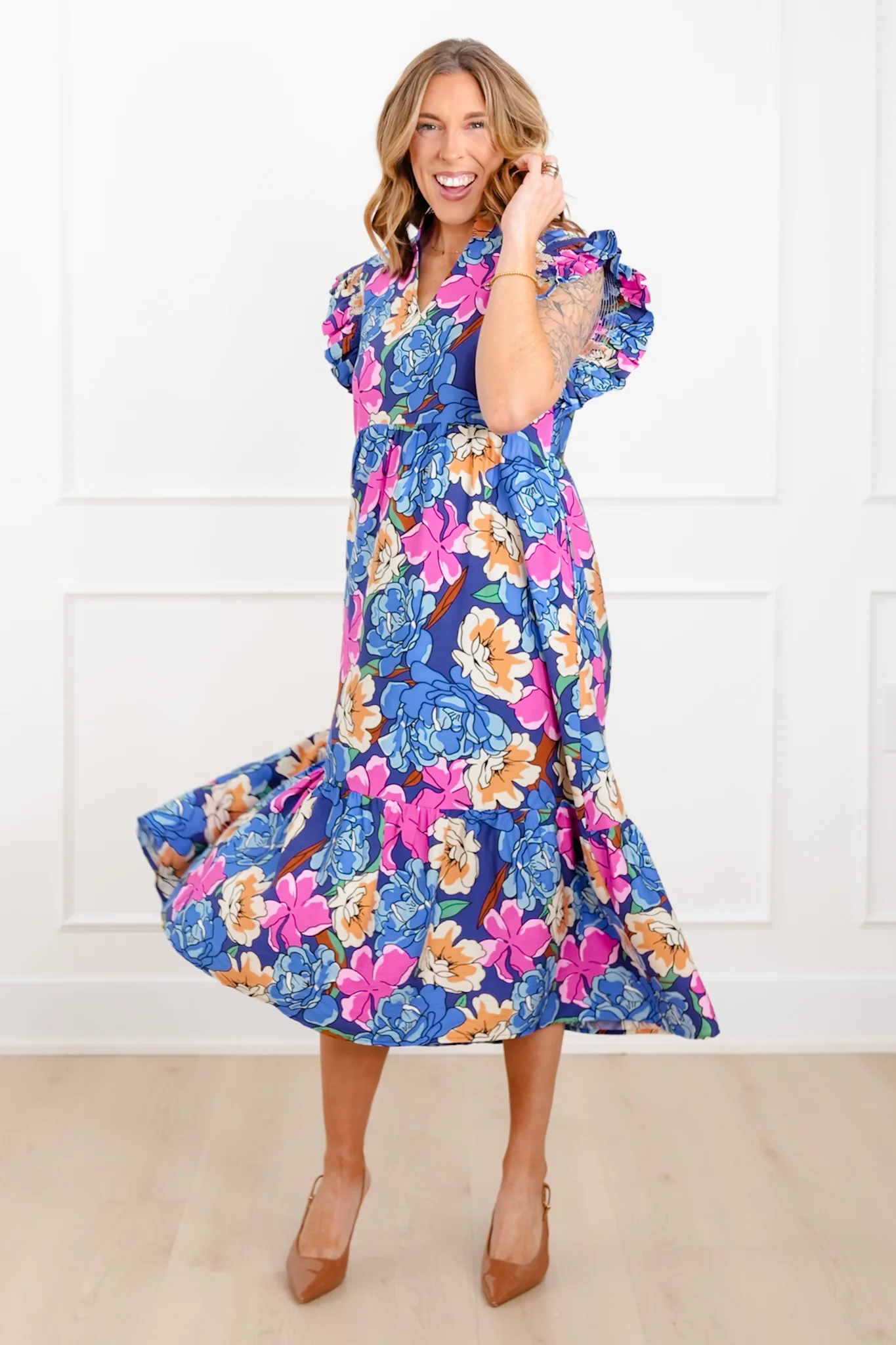 Floral Print Ruffle Sleeve V Neck Midi Dress - Image 7